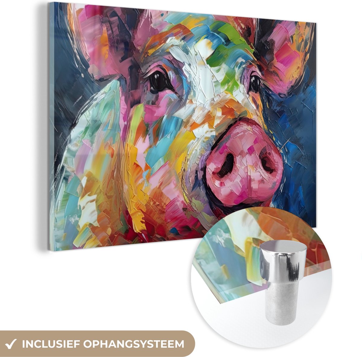 MuchoWow® Glasschilderij 150x100 cm - Schilderij acrylglas - Varken - Olieverf - Dieren - Kunst - Foto op glas - Muurdecoratie woonkamer - Wanddecoratie slaapkamer - Schilderijen
