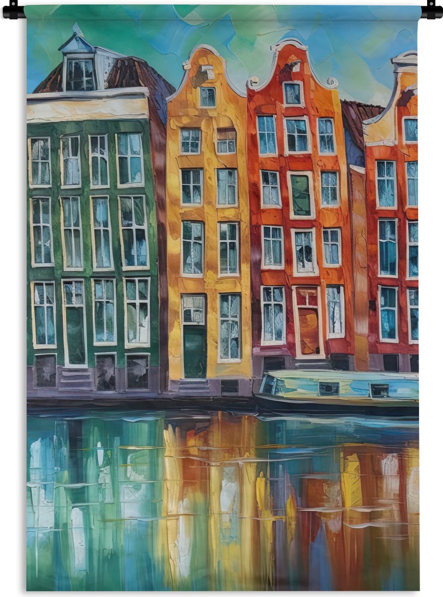 Wandkleed - Wanddoek - Amsterdam - Olieverf - Gracht - Schilderij - Kunst - 90x135 cm - Wandtapijt