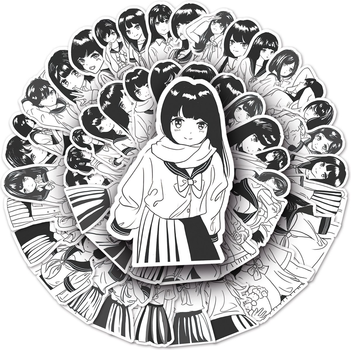 JK kostuum Stickers - 50 zwart/wit stickers met Japanse meisjes in schoolkostuum fashion - Anime - Winkrs