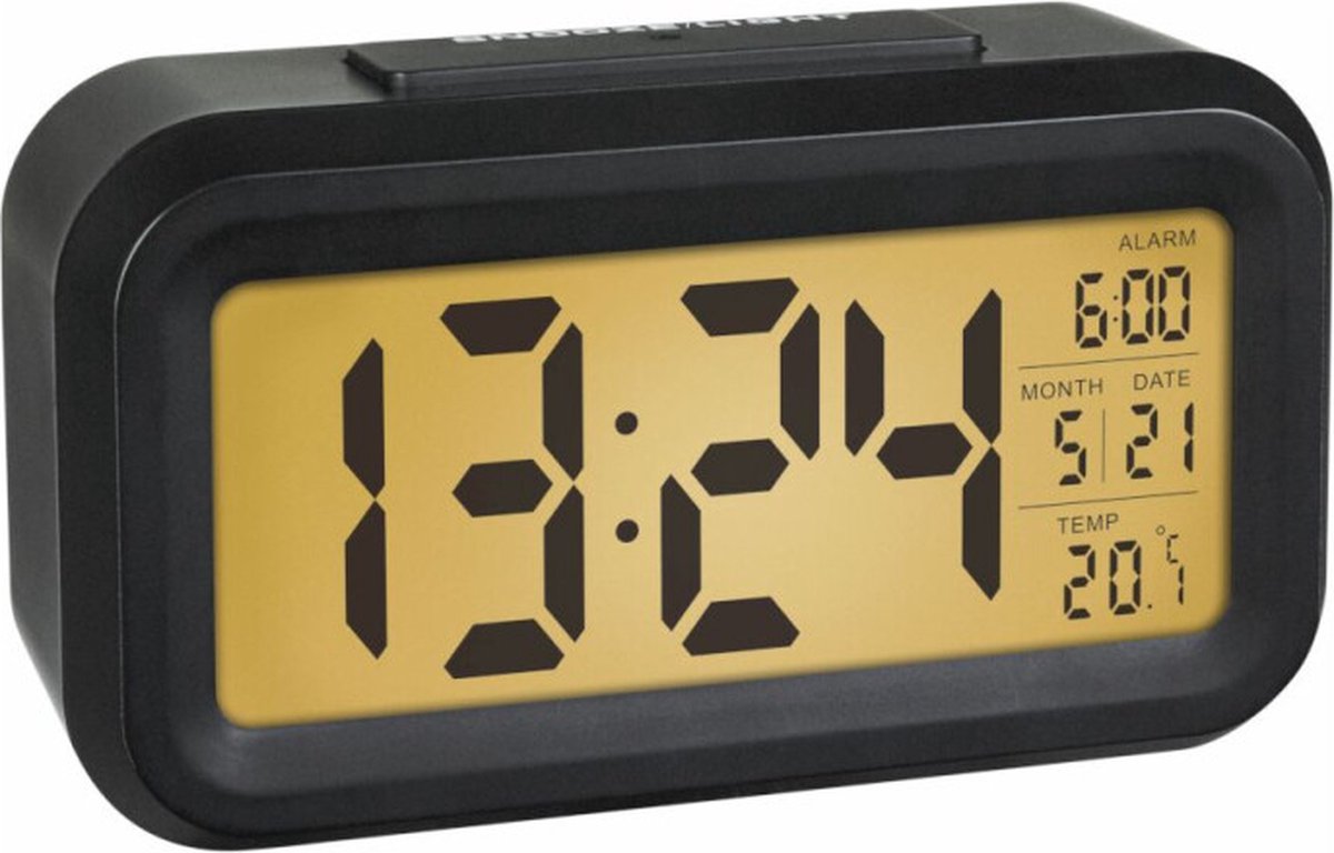 TFA Dostmann 60.2018.01 - Wekker - Digitaal - Quartz - LCD Scherm - Kunststof - Datumaanduiding - Alarm - Snooze - Binnentemperatuur - Achtergrondverlichting - Zwart