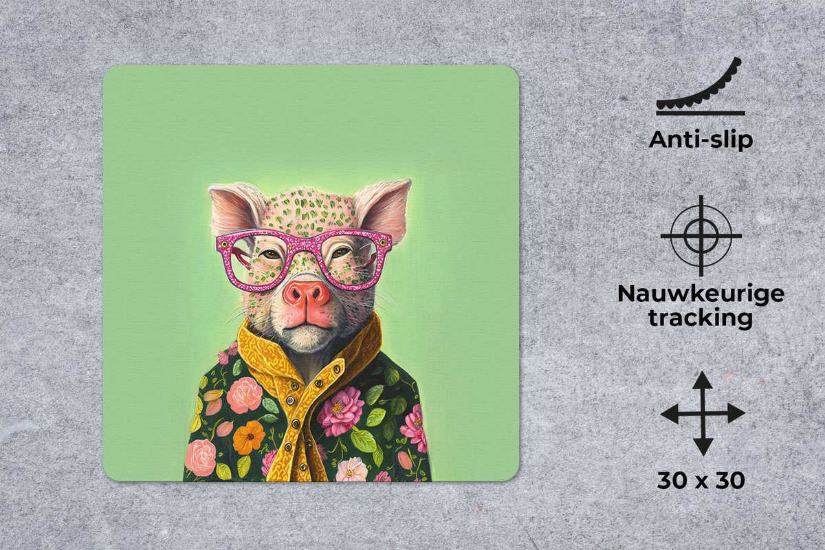Muismat 30x30 cm - Mousepad Bril - Roze - Varken - Bloemen - Dier - Muismatten