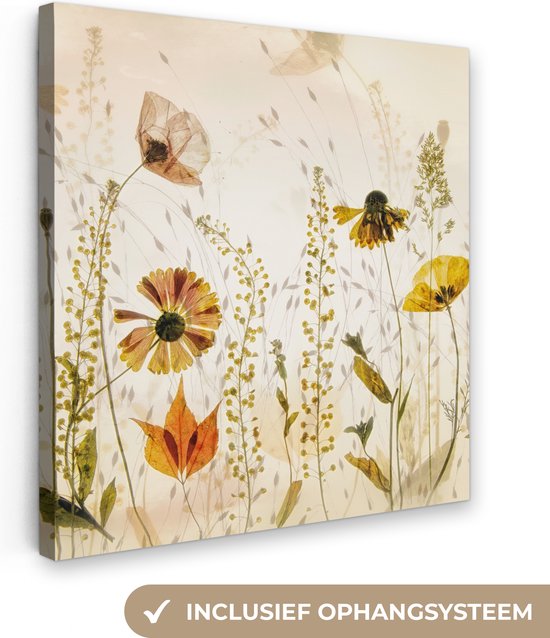 Canvas Schilderij Illustratie - Planten - Insecten - Beige - Wanddecoratie