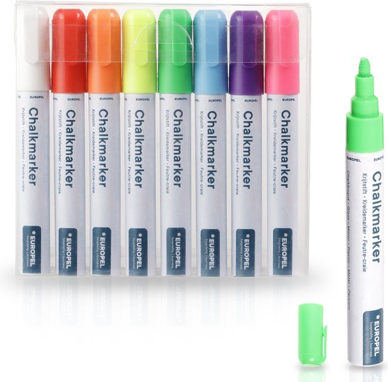Europel krijtstiften voor krijtbord - 6mm – raamstiften afwasbaar - omkeerbare punten – kleur - 8 stuks