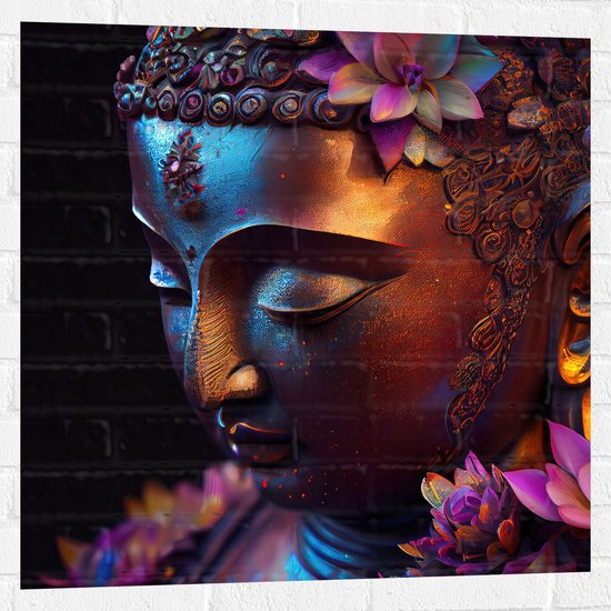 Muursticker - Religieuze Boeddha met Roze Lelie Bloemen - 80x80 cm Foto op Muursticker