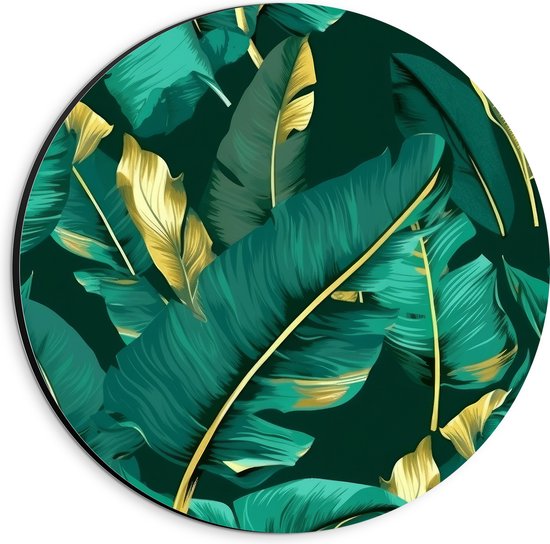 Dibond Muurcirkel - Groene Palmbladeren met Gouden Details - 20x20 cm Foto op Aluminium Muurcirkel (met ophangsysteem)