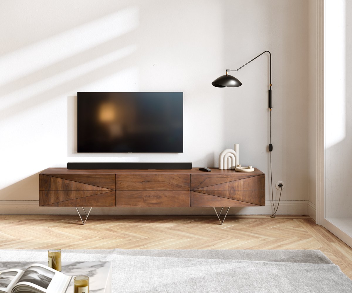 TV-tafel Wyatt acacia bruin 175 cm 2 deuren 1 klep designer lowboard