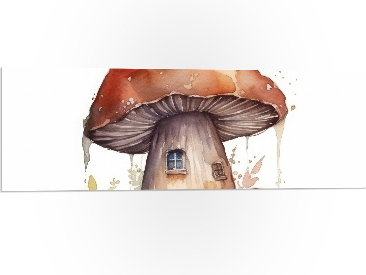 PVC Schuimplaat - Waterverf Tekening van Paddenstoelen Huisje - 90x30 cm Foto op PVC Schuimplaat (Met Ophangsysteem)