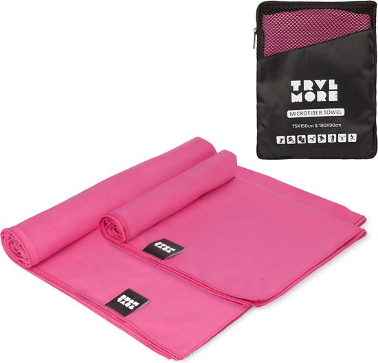 Twee roze microvezel handdoeken, 75x150 cm en 180x90 cm, met een zwart opbergzakje.