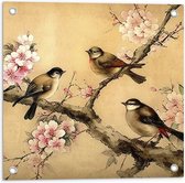 Tuinposter – Tekening van Drie Vogels op Tak met Bloemen - 50x50 cm Foto op Tuinposter (wanddecoratie voor buiten en binnen)