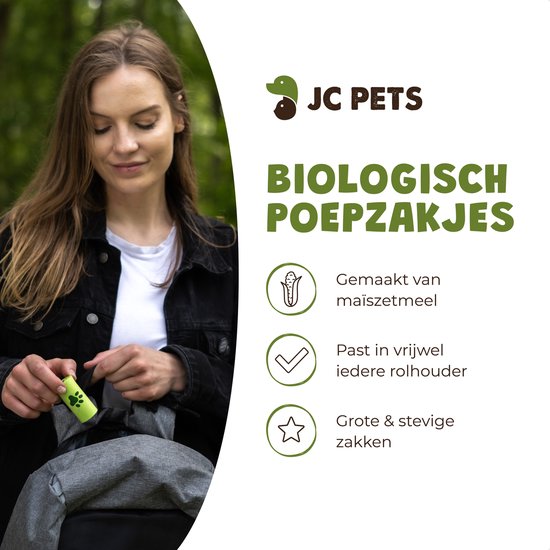 Een vrouw met een rugzak pakt een rol groen poepzakje met pootafdrukken uit haar jas. Gemaakt van maïsmeel.
