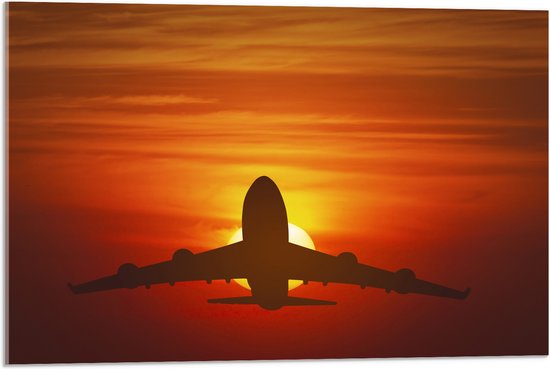 Acrylglas - Silhouet van Vliegtuig tegen Feloranje Zon in Roodkleurige Lucht - 75x50 cm Foto op Acrylglas (Met Ophangsysteem)
