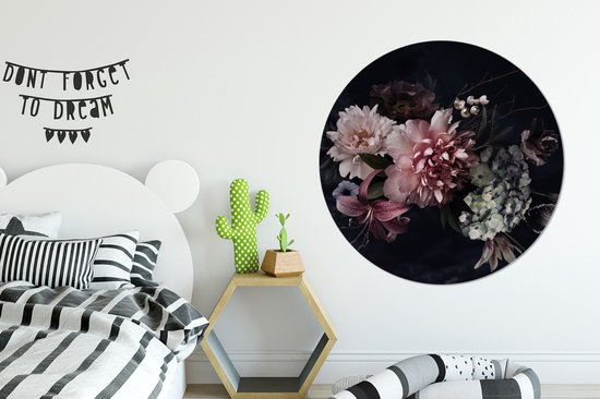 WallCircle - Behangcirkel bloemen - Roze - Pastel - Vintage - Muurstickers slaapkamer - Wandsticker - Ronde wanddecoratie - Cirkel behang - Sticker muur - 120x120 cm - Rond behang - Behangsticker - Muursticker rond