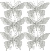 House of Seasons kerstboomversiering vlinders op clip - 6x st - zilver - 16 cm