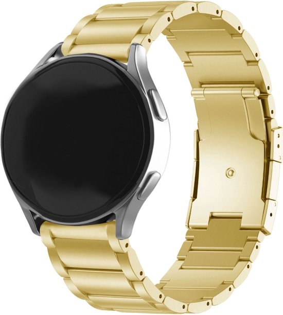 Gouden metalen smartwatchband bevestigd aan een Samsung Galaxy Watch.