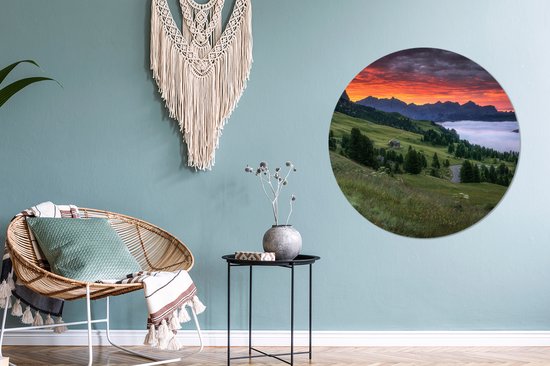 WallCircle - Stickers muraux - Cercle Papier Peint - Herbe - Montagnes - Soir - 100x100 cm - Cercle Mural - Auto Adhésif - Sticker Papier Peint Rond XXL