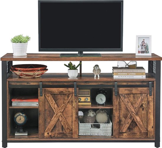 Rootz TV Furniture - Meuble TV - 2 Portes coulissantes - jusqu'à 60 Pouces - 135 x 40 x 76 cm - Planches Réglables - Industriel - Marron - Zwart