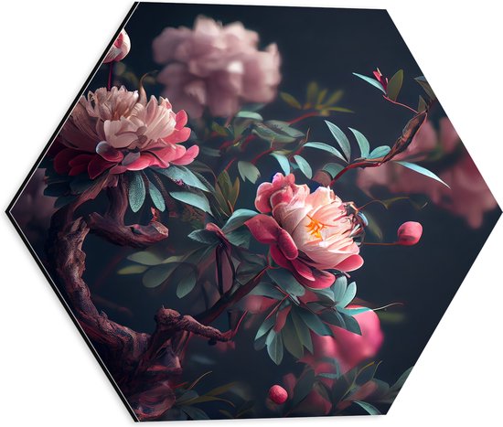Dibond Hexagon - Roze Bloemen aan Bruine Tak - 40x34.8 cm Foto op Hexagon (Met Ophangsysteem)