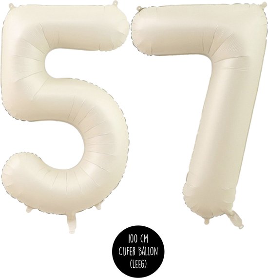 Cijfer Helium Folie ballon XL - 57 jaar cijfer -Beige - Caramel - Satijn - Nude - 100 cm - leeftijd 57 jaar feestartikelen verjaardag