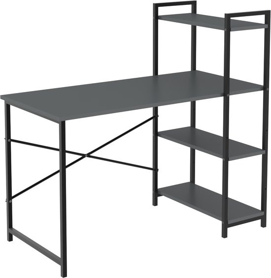 Soof&Tess - Bureau - Computertafel met planken - Thuiskantoor - Industrieel - Vintage - ANTRACIET/zwart
