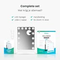 Complete set: LED spiegel, USB-C kabel, handleiding en 5x zoom spiegel.