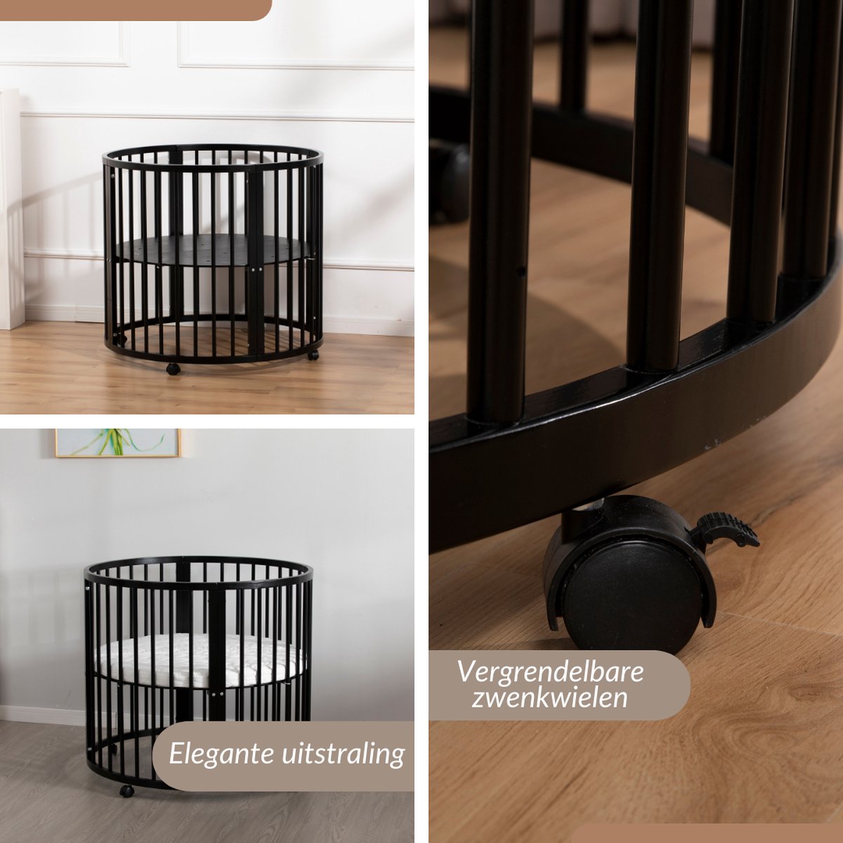 Buxibo Baby Box - Grondbox - Speelbox - Playpen - Kinderbox - Rond - Inclusief Matras - Op Wielen - 92x92x80.5cm - Zwart – foto 6