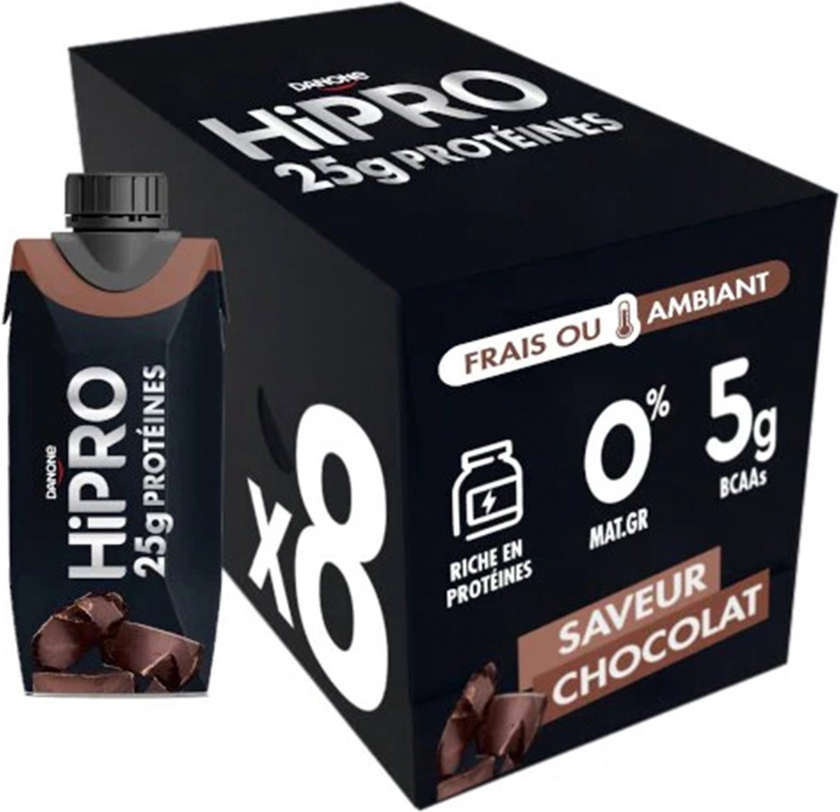 Danone HiPro - Sportvoeding - Proteïne drank - Chocolade - Sportdrank 0% mg - Niet gekoelde brikje met chocoladesmaak 25g proteïne - 8 x 330 ml