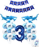 Cijferballon 3 Blauw - Haai - Shark - Ballonnen Megapakket - Slinger Feestvieren - Verjaardag Snoes