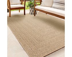 Buitentapijt met Jute Look – Rechthoekig met Vierkant Patroon Bruin – Natuurlijke Look – Weer- & UV-bestendig-160 x 230 cm