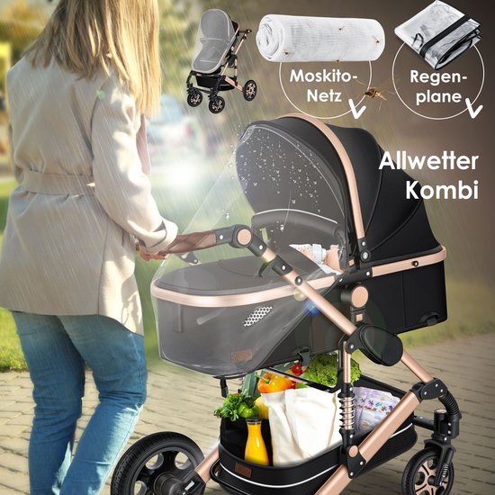 KESSER® Kinderwagen 3 in 1 Loops Wandelwagen Set incl. Autostoel & Reiswieg & Buggy Sportzitje - Massieve Rubberbanden - Luiertas / Regenhoes - Zwart / Champagne van KESSER® — afbeelding 3