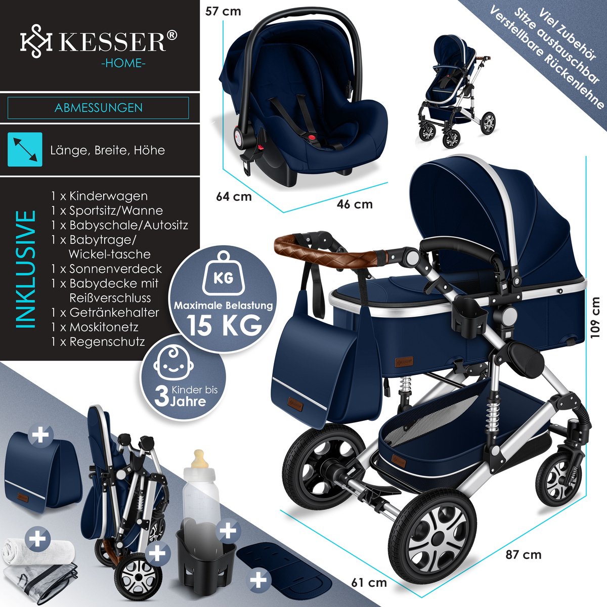 KESSER Loops 3-in-1 Combi Kinderwagen - Inclusief Babywieg, Buggy En  Autostoel - Blauw/Zilver
