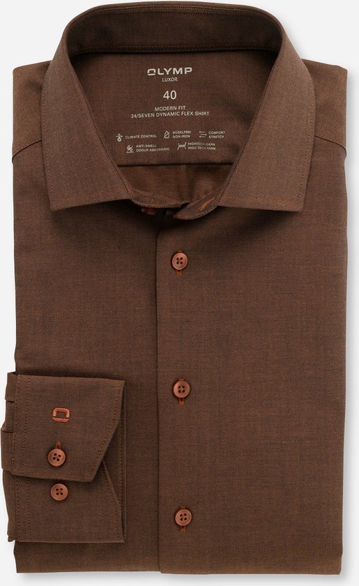 OLYMP Luxor modern fit overhemd 24/7 - bruin - Strijkvrij - Boordmaat: 40