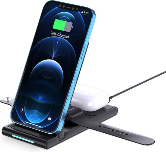 MMOBIEL Draadloze Oplader Geschikt voor iPhone 15/14/13/12 series, Apple Watch 9/8/7/6/5 en AirPods Pro/3/2/1 - Inklapbaar 3-in-1 Draadloos Oplaadstation – Compacte Wireless Charger - Zwart