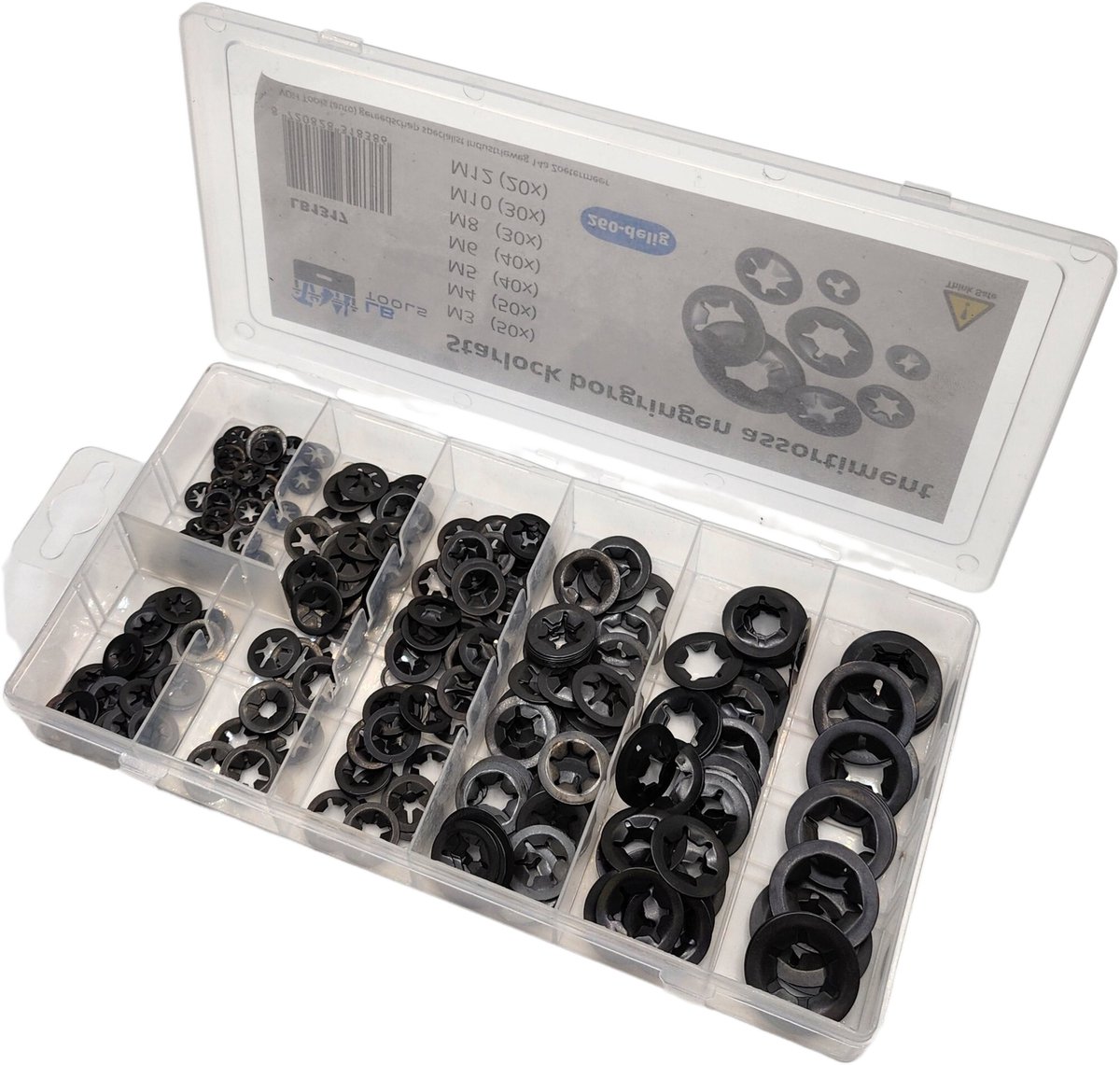 LB Tools professioneel assortiment Starlock borgringen 260 dlg borg veerring sluitring M3, M4, M5. M6, M8, M10, M12