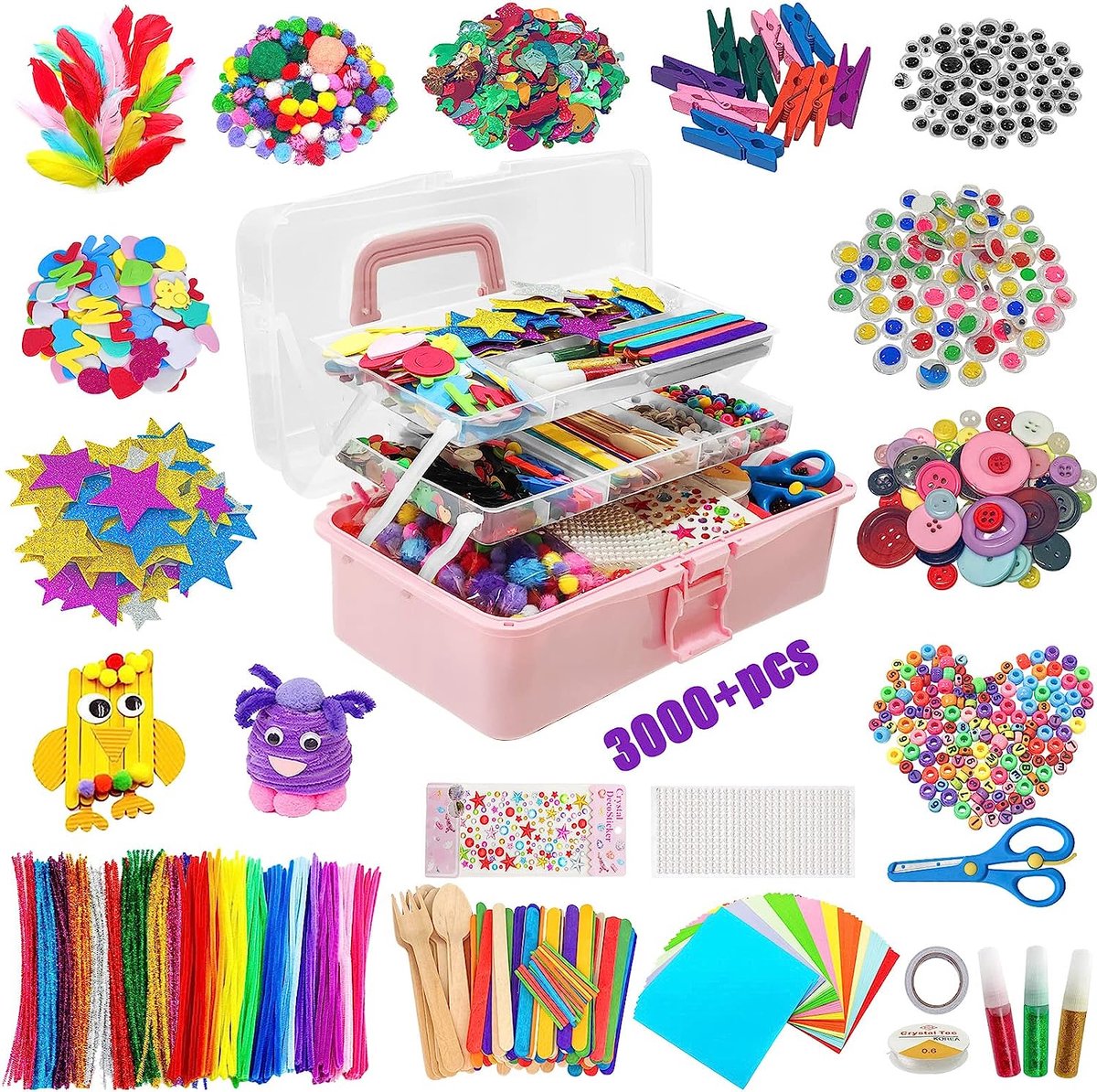 Kids Craft Kit, 3000 + Onderdelen, DIY Ambachten, Craft Case Craft Kits voor kinderen, Pipe Cleaner Craft benodigdheden, ijsjes, Pompoms, kralen, Scrapbooking