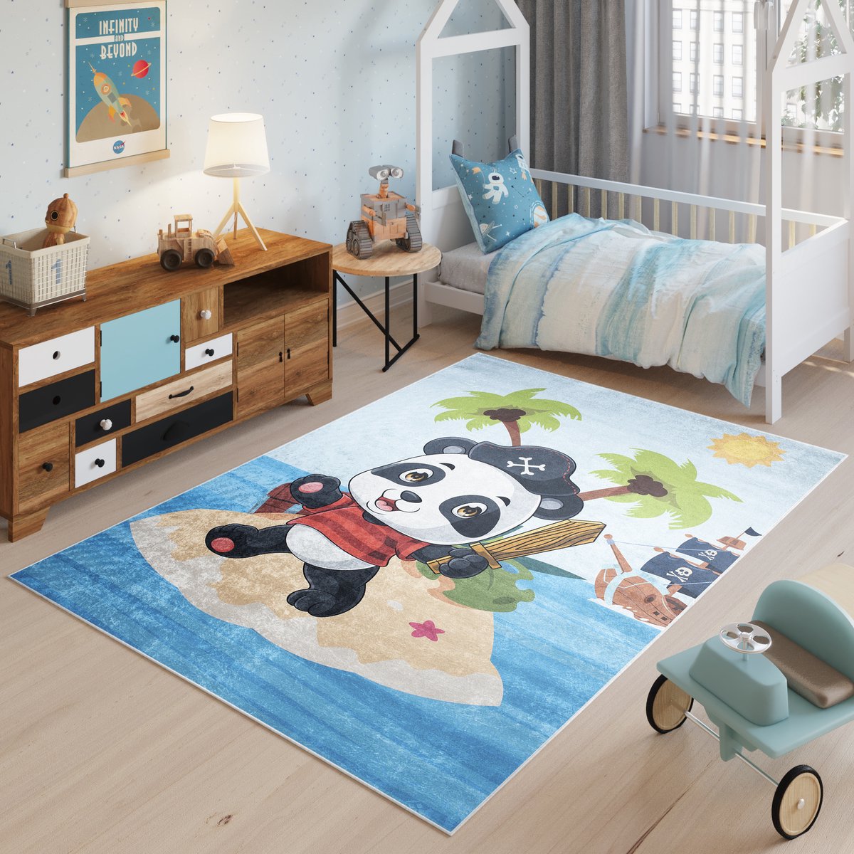 Tapiso Emma Vloerkleed Blauw Kinderkamer Panda Zee Strand Tapijt Maat- 160x230