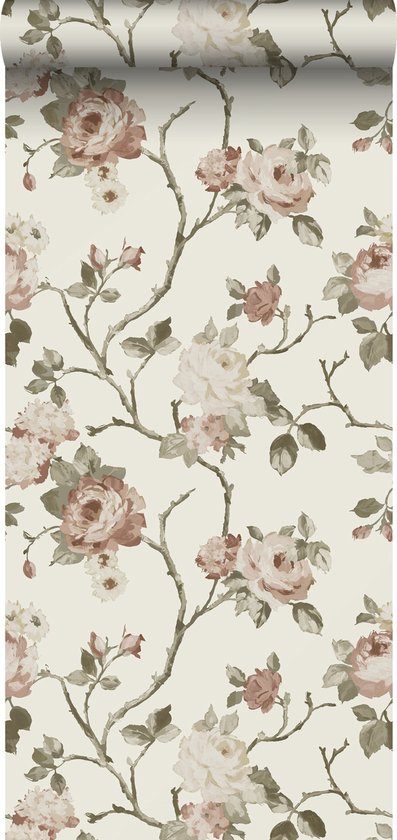 ESTAhome behang vintage bloemen gebroken wit en oudroze - 53 cm x 10.05 m - 139406