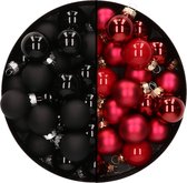 Mini kerstballen - 48x st - rood en zwart - 2,5 cm - glas - kerstversiering