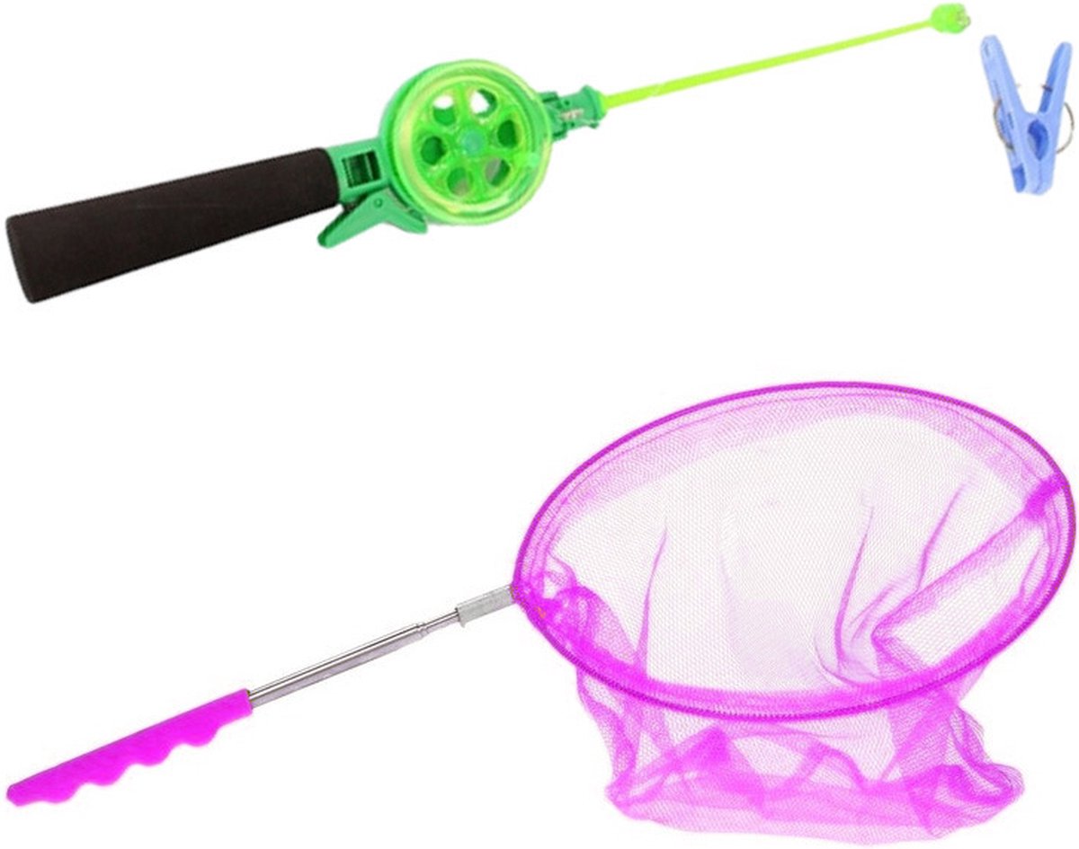 Krabhengel / vishengel incl. uitschuifbaar visnet - groen/roze - 39 cm