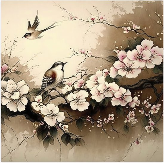 Poster Glanzend – Tekening van Vogels Vliegend bij Tak met Bloemen - 100x100 cm Foto op Posterpapier met Glanzende Afwerking