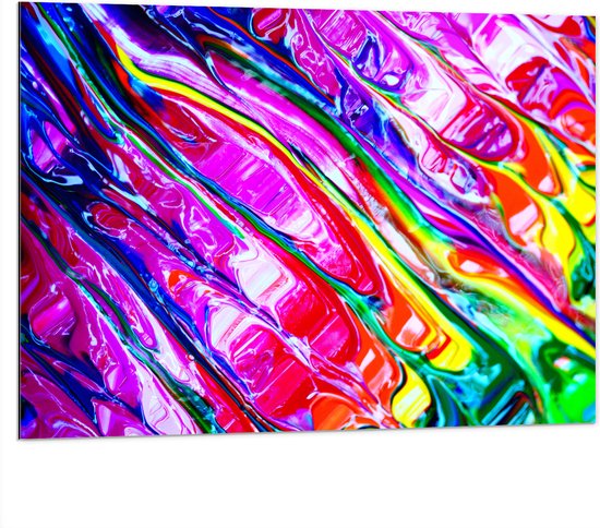 Dibond - Mix van Roze, Gele en Groene Verfstrepen - 100x75 cm Foto op Aluminium (Met Ophangsysteem)