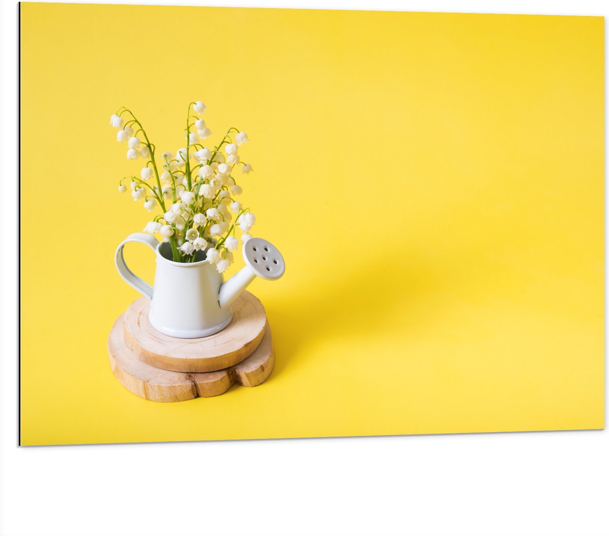 Dibond - Boeket in Gieter met Gele Achtergrond - 100x75 cm Foto op Aluminium (Met Ophangsy
