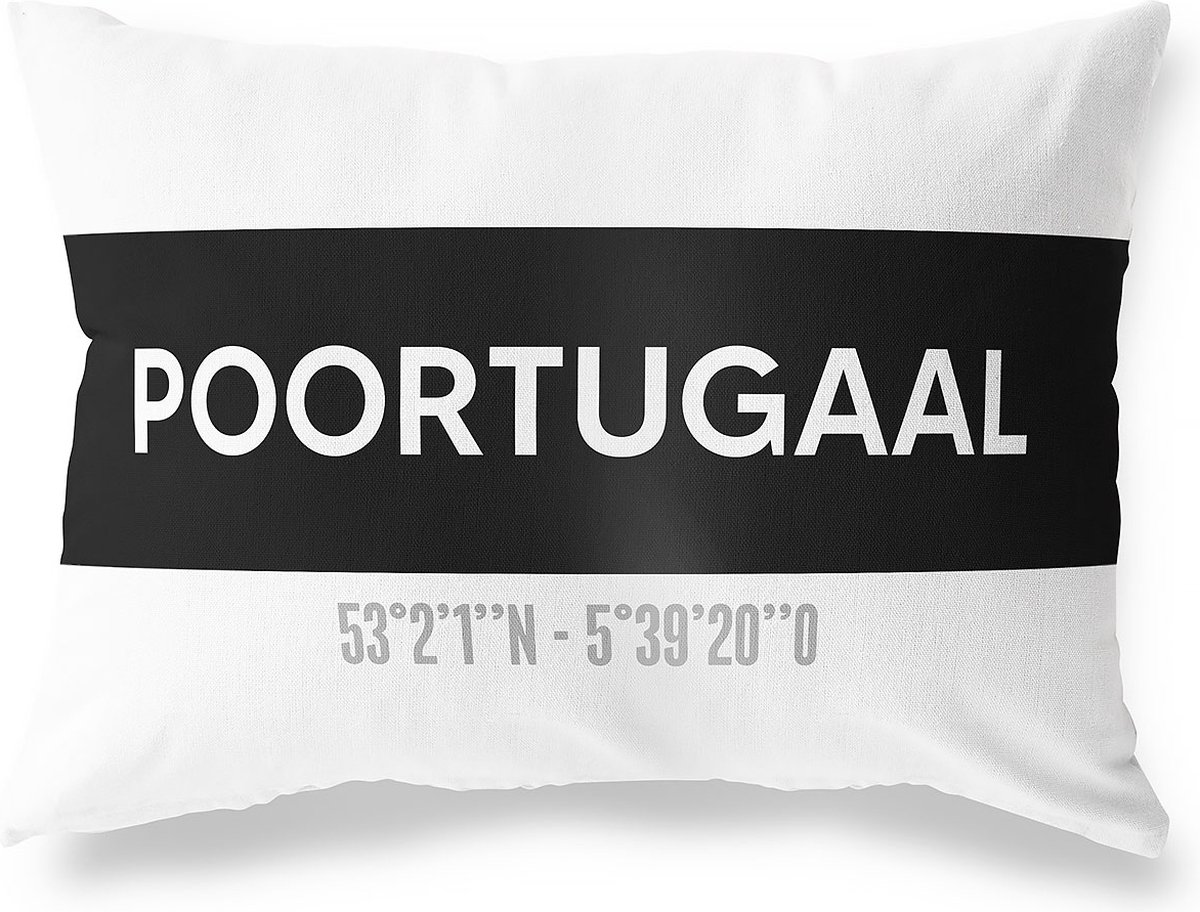 Tuinkussen POORTUGAAL - ZUID-HOLLAND met coördinaten - Buitenkussen - Bootkussen - Weerbestendig - Jouw Plaats - Studio216 - Modern - Zwart-Wit - 50x30cm