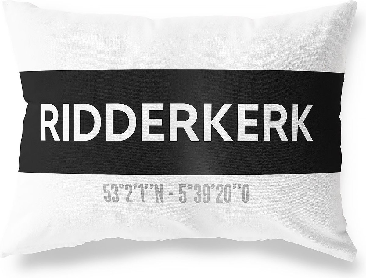 Tuinkussen RIDDERKERK - ZUID-HOLLAND met coördinaten - Buitenkussen - Bootkussen - Weerbestendig - Jouw Plaats - Studio216 - Modern - Zwart-Wit - 50x30cm