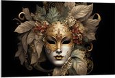 Acrylglas - Venetiaanse carnavals Masker met Gouden en Beige Details tegen Zwarte Achtergrond - 105x70 cm Foto op Acrylglas (Met Ophangsysteem)