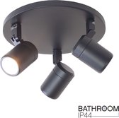 Ronde badkamerspot Rain | 3 lichts | zwart | glas / metaal | GU10 | Ø 25 cm | IP44 | zwenk- en kantelbaar | modern design