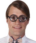 Man met bril met ronde, vergrotende glazen en gestreept strikje.