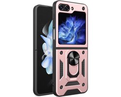 Magnetisch Hoesje Geschikt voor Samsung Galaxy Z Flip 5 | Kickstand Back Cover met Standaard | Telefoonhoesje met Ring | Beschermhoes met Magneet voor Auto Houder Roze Goud