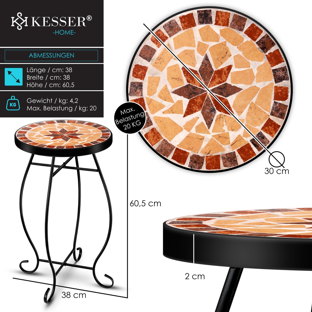 KESSER® Mozaïek Tafel Bistrotafels Bloemkruk Rond 60 x 34 cm Metalen Mozaïek Bijzettafel Balkontafels Patiotafel Balkon Stenen Mozaïek Tuintafel Binnen Buiten - Asteri thumbnail 5