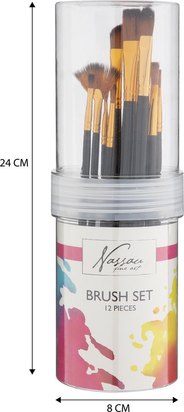 Nassau Fine Art Brush Set 12 pièces - 4 Pinceaux ronds, 6 Pinceaux plats, 1 pinceau éventail, 1 pinceau coudé - y compris le tube multifonctionnel