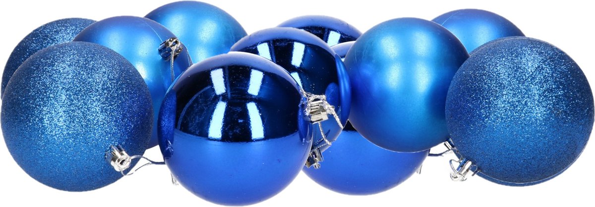 Set van 12 blauwe kerstballen van kunststof in mat/glans/glitter afwerking, elk 8 cm, van Gerimport.